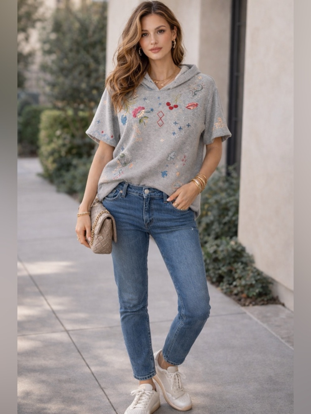 Johnny Was Heather Gray Embroidered Hooded Tee with Multicolor Accents